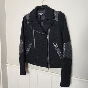 VINCE Black Wool Leather Asymmetrical Moto Style Jacket